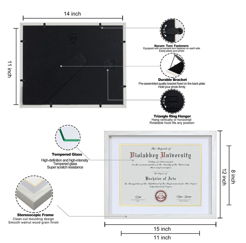 VIOLABBEY 11x14 Shadow Diploma Frames Cream White, Fits 8.5x11 Certificate or College Degree with Mat or 11x14 without Mat, HD Semi-tempered Glass, Wall or tabletop Display (White Gold Double Mat) - Image 3